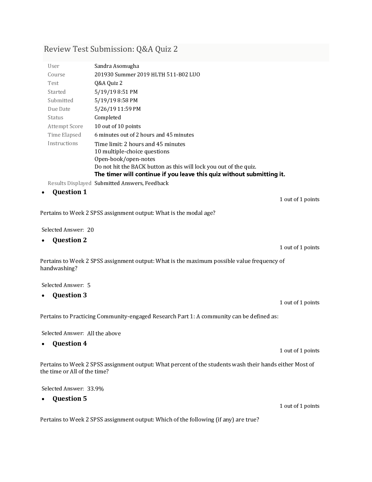 Preview of HLTH 511 Quizzes Complete Solution